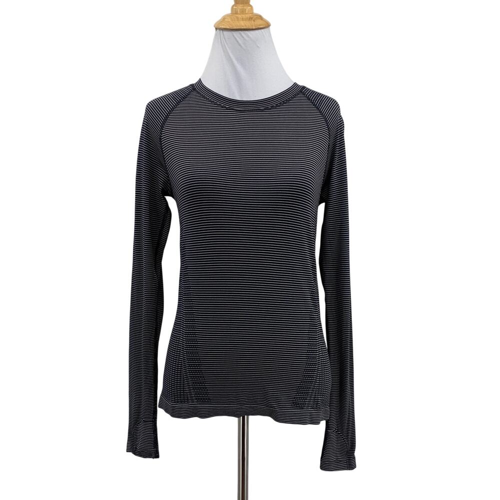 Athleta Top Womens S Small Black White Momentum Seamless Knit Stripe Thumbholes